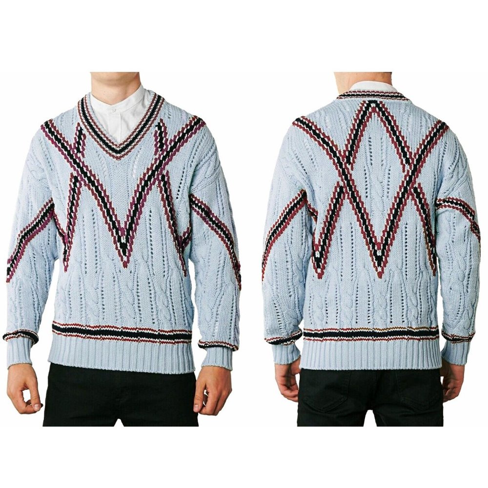 NEW $1335 Brioni Hand Knit Sweater! e 48 Medium Blue With Red & Black Stripes